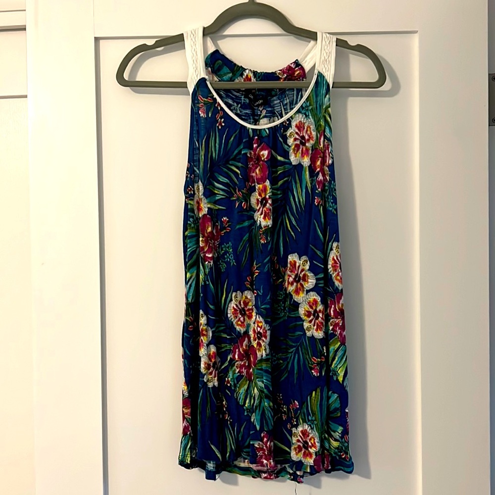Tank top, blue multi color tropical print